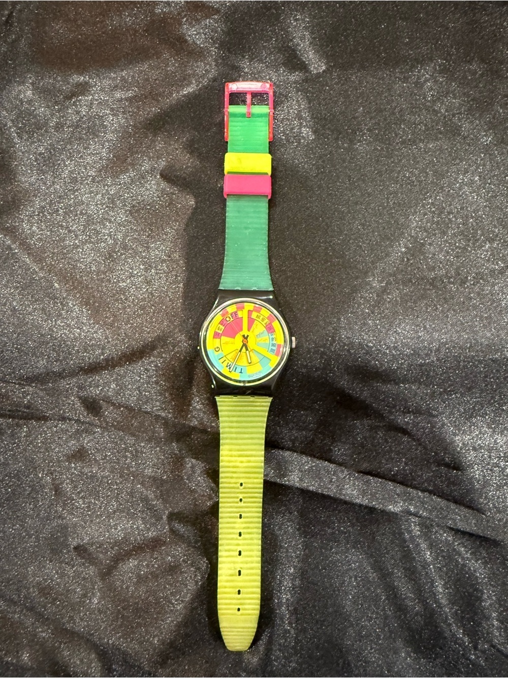 Swatch Multicolor Watch in Green, Yellow & Pink